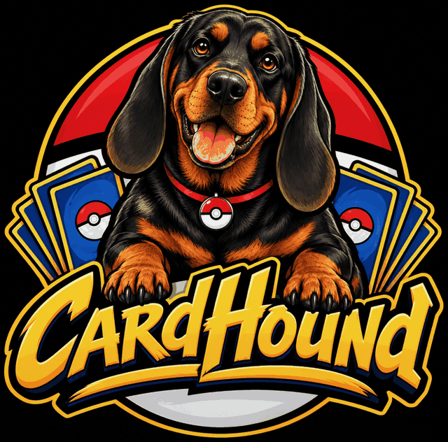 CardHound — a hound in front of a Poke Ball, fanned cards behind